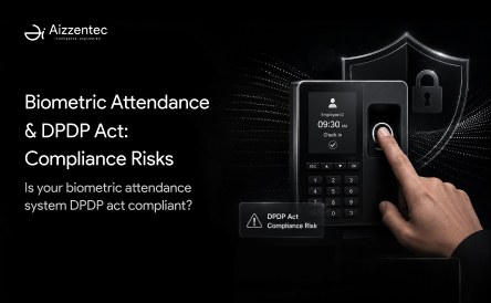 A finger on a biometric attendance scanner showing a check-in at 09:30, with a padlock shield behind it and a DPDP Act compliance risk warning