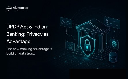 A bank building behind a padlock shield, ringed by icons for customer identity, payment cards, analytics, biometrics and data storage